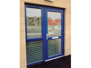 etched glass window film graphic on business premises door and window livingstone