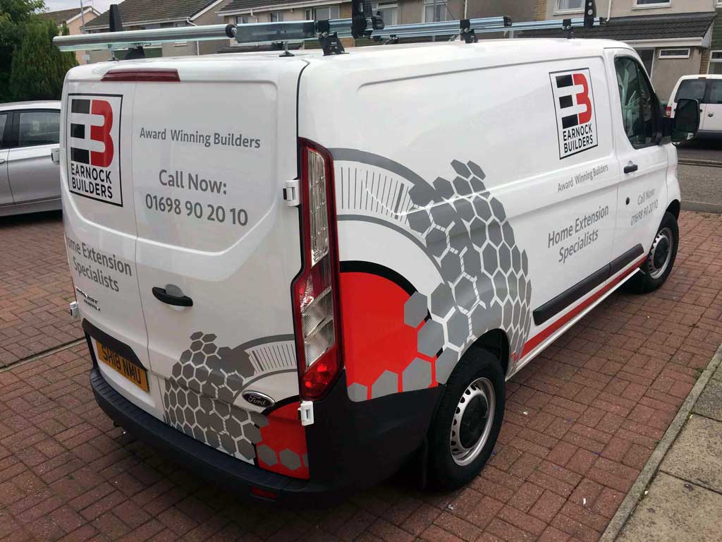 White for transit custom van with commercial advertising signwritting in balck red and grey