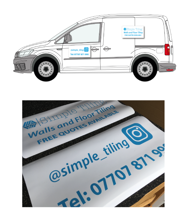 photograph of set of magntics on worktop underneath drawing showing volkswagen caddy with drawing showing how magnetics would look afixed to van
