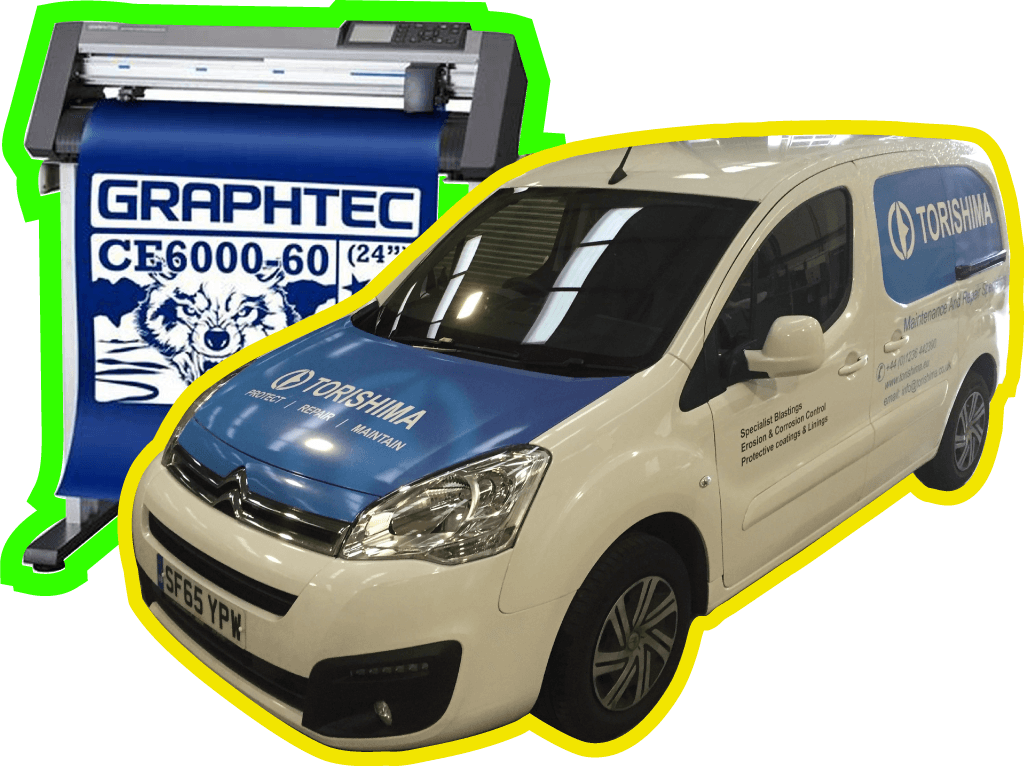 montage with a vinyl plotter and a small van with signwritting graphics and lettering